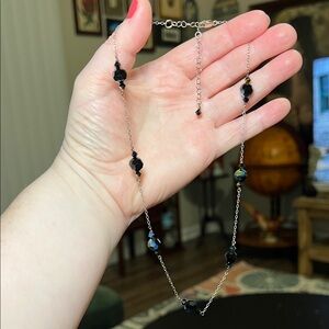 Vintage Oil Slick Iridescent Black AB Crystal Station Sterling Silver Necklace